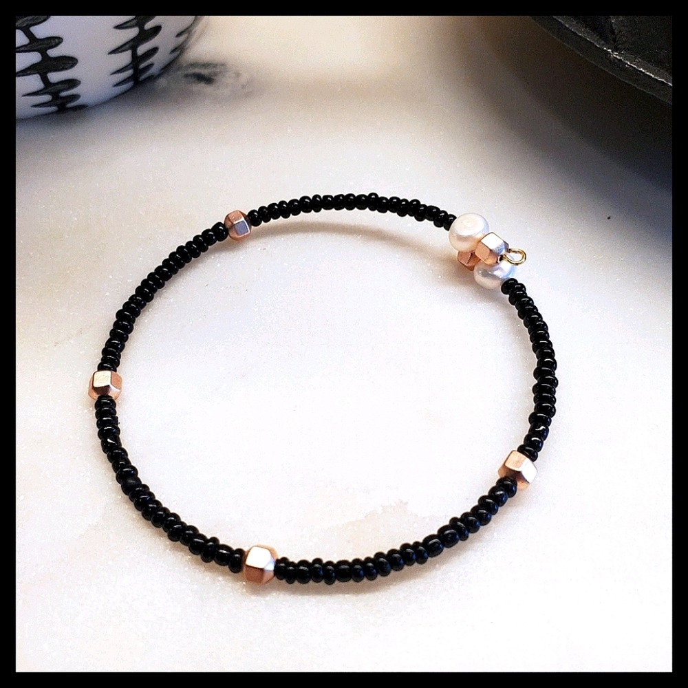Pearl Bangle in Black and Rose Gold Beads - Custom, includes 1 charm endcap
